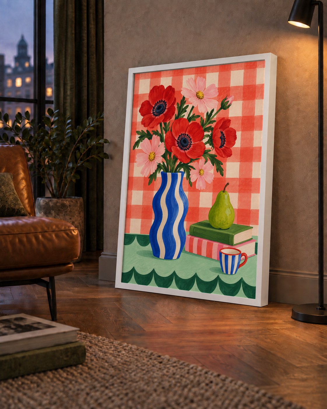 Colorful Break Çiçekli Natürmort Posteri — çerçeveli hâliyle bir ev duvarında