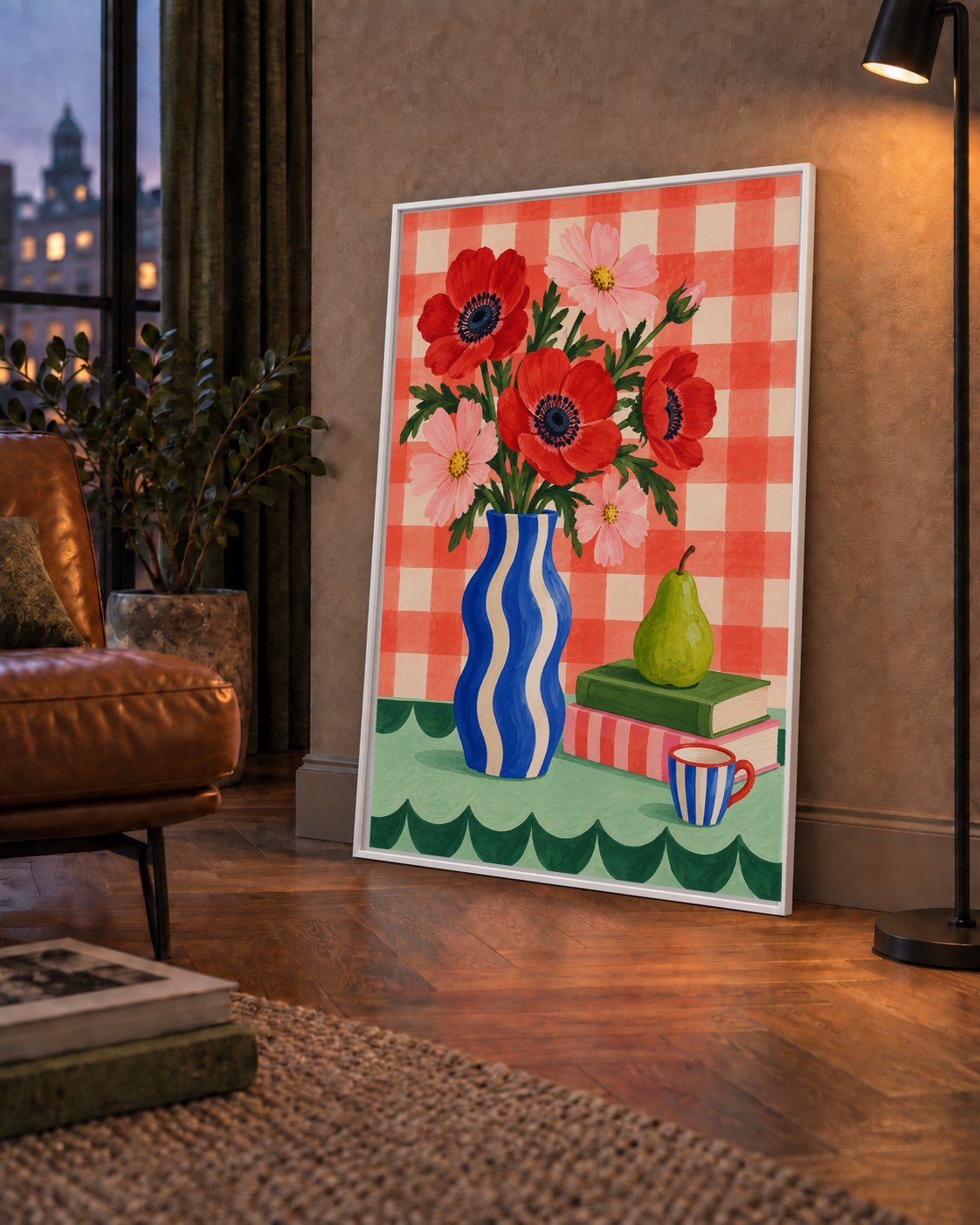 Colorful Break Çiçekli Natürmort Posteri — çerçeveli hâliyle bir ev duvarında
