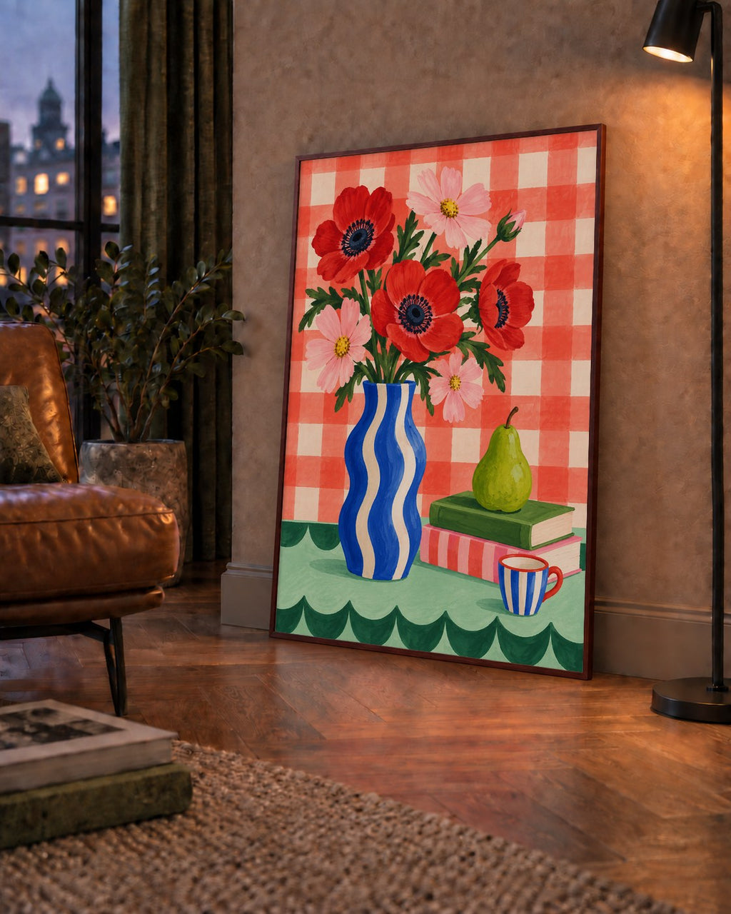 Colorful Break Çiçekli Natürmort Posteri — çerçeveli hâliyle bir ev duvarında