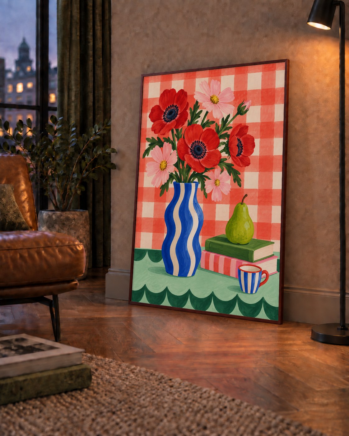 Colorful Break Çiçekli Natürmort Posteri — çerçeveli hâliyle bir ev duvarında