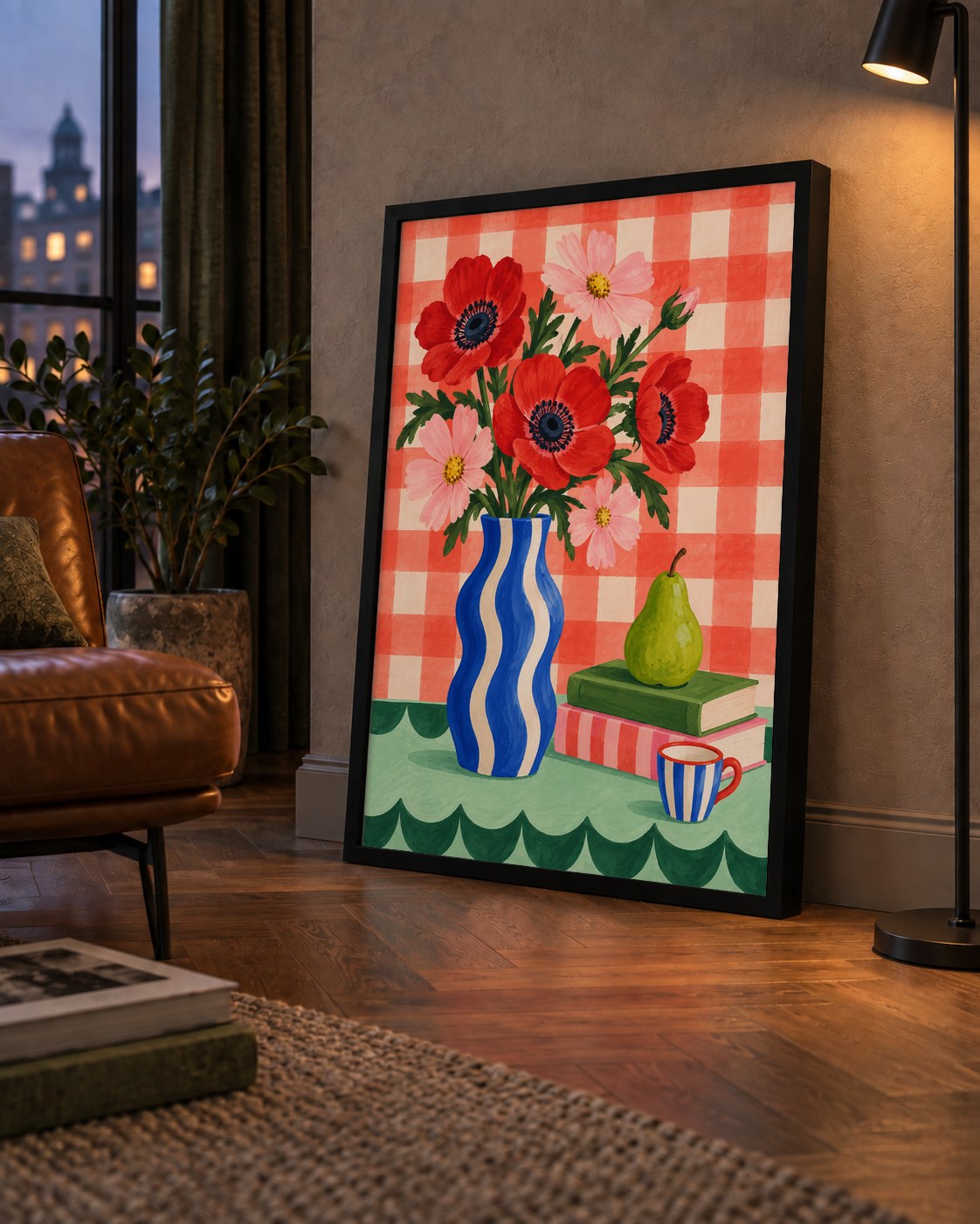 Colorful Break Çiçekli Natürmort Posteri — çerçeveli hâliyle bir ev duvarında