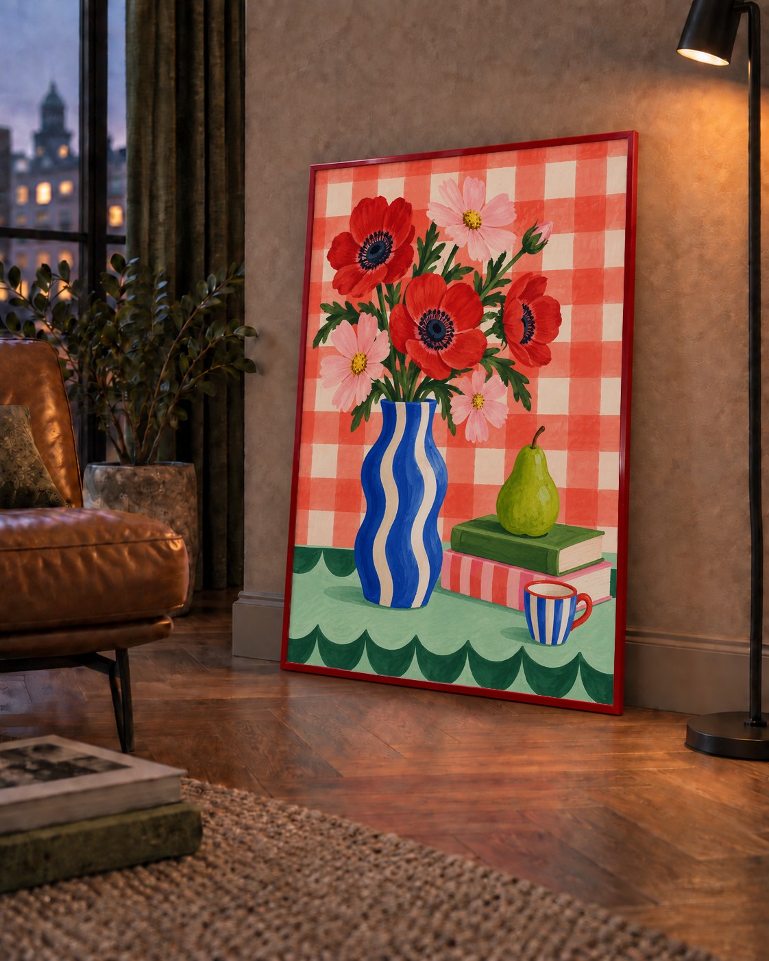 Colorful Break Çiçekli Natürmort Posteri — çerçeveli hâliyle bir ev duvarında