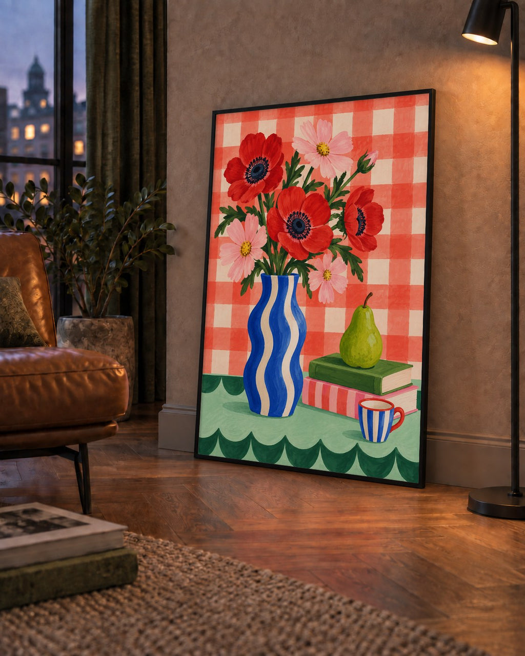 Colorful Break Çiçekli Natürmort Posteri — çerçeveli hâliyle bir ev duvarında