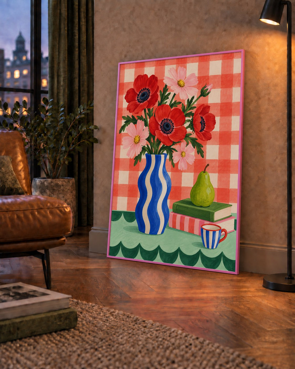 Colorful Break Çiçekli Natürmort Posteri — çerçeveli hâliyle bir ev duvarında