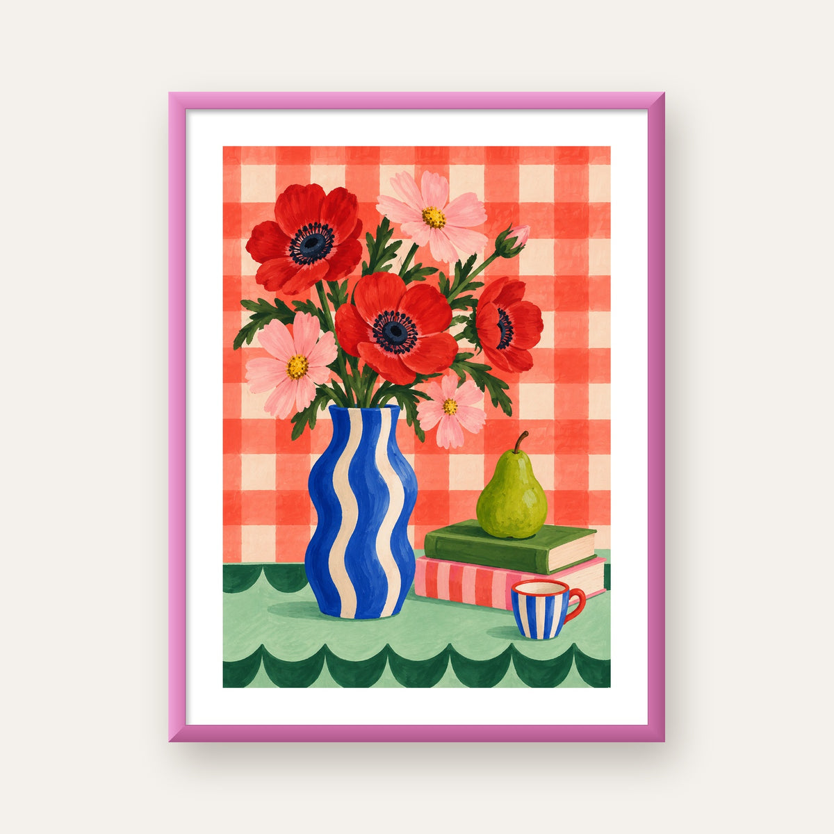 Colorful Break Çiçekli Natürmort Posteri — pembe çerçeveli paspartulu