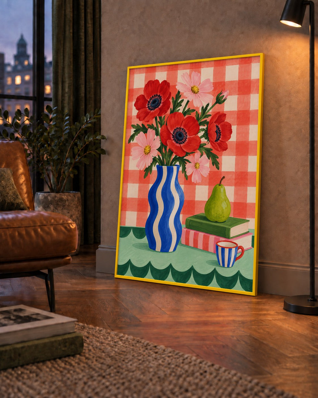 Colorful Break Çiçekli Natürmort Posteri — çerçeveli hâliyle bir ev duvarında