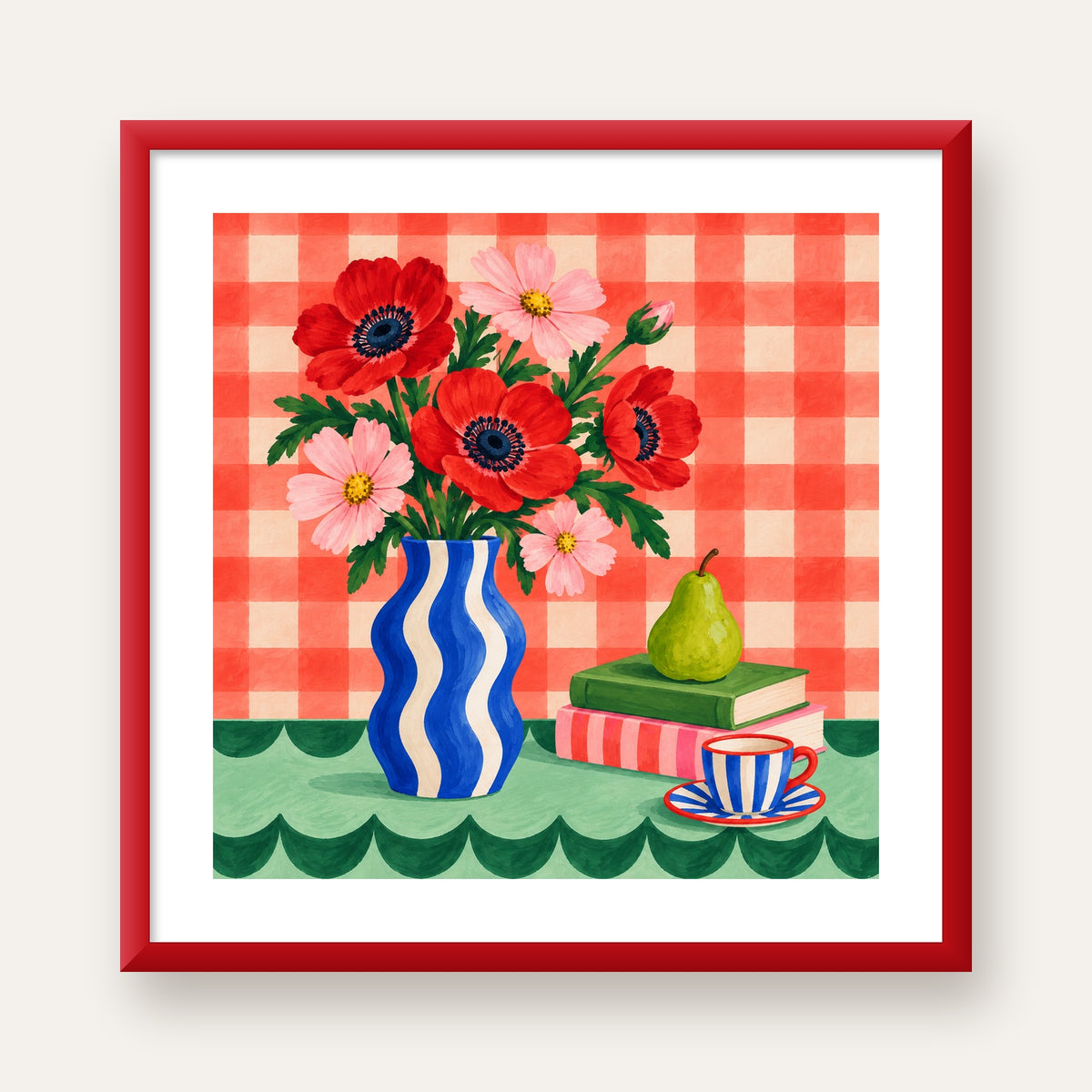 Colorful Break Çiçekli Natürmort Posteri — kırmızı çerçeveli paspartulu