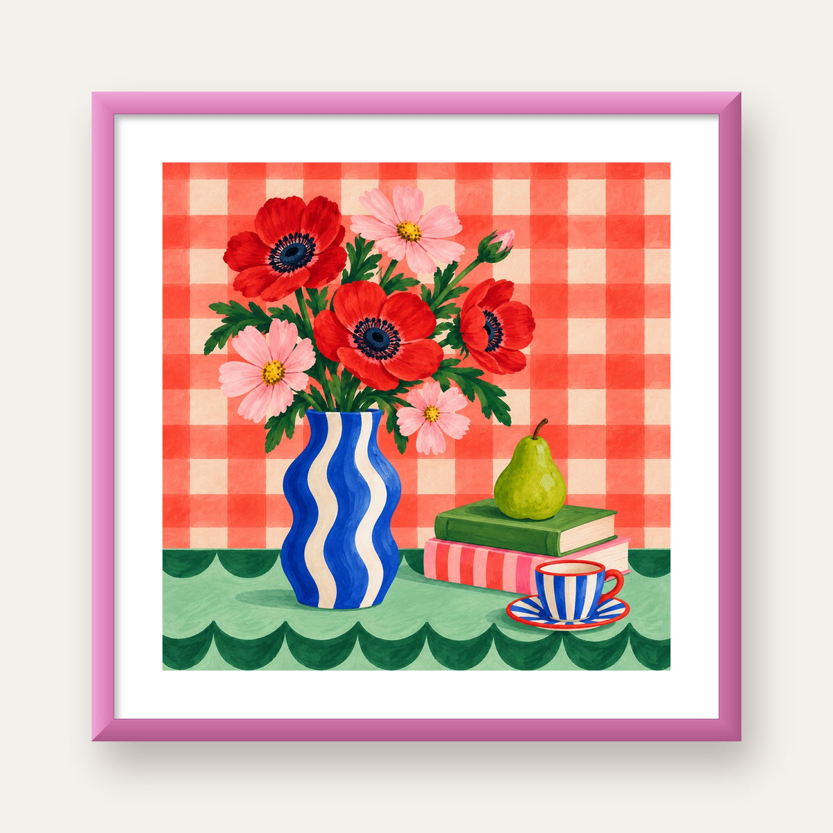 Colorful Break Çiçekli Natürmort Posteri — pembe çerçeveli paspartulu