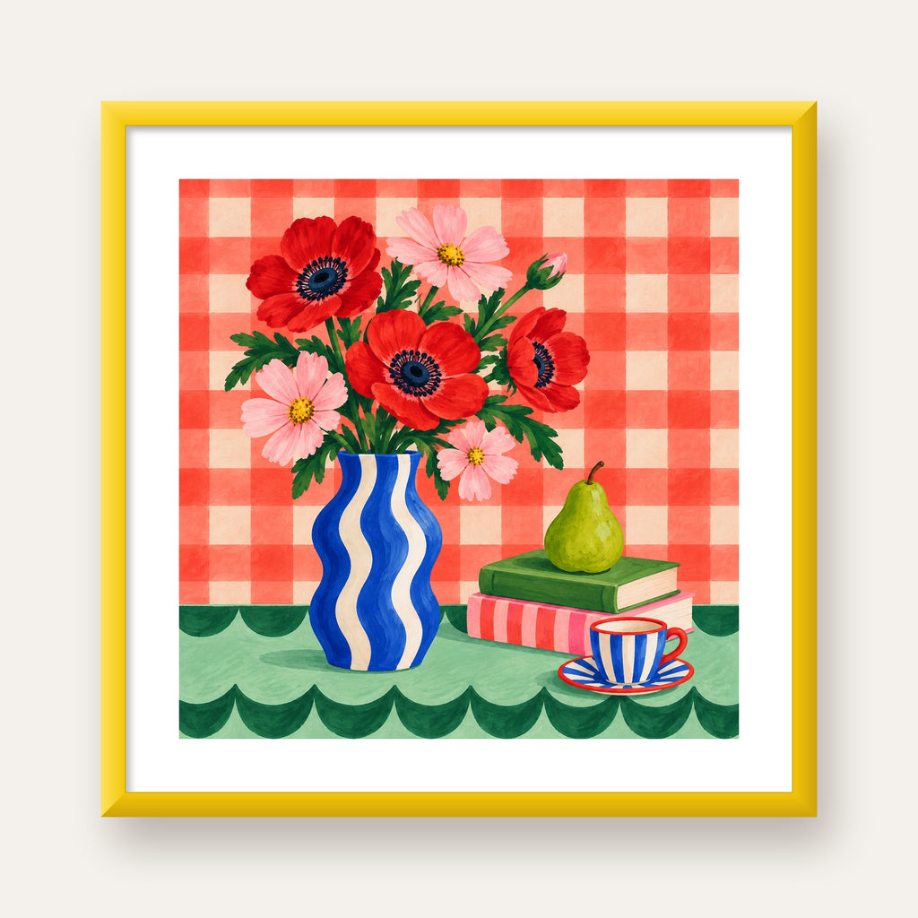 Colorful Break Çiçekli Natürmort Posteri — sarı çerçeveli paspartulu