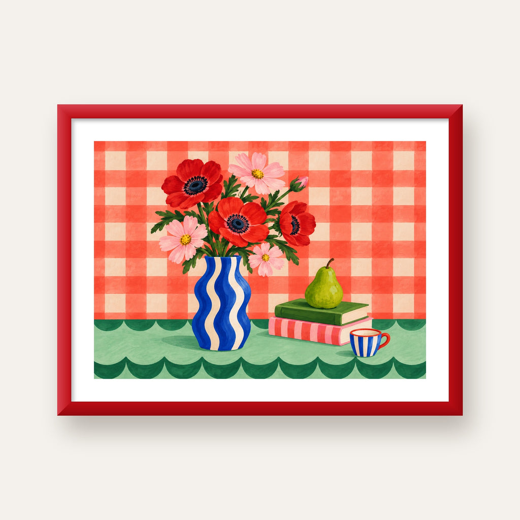 Colorful Break Çiçekli Natürmort Posteri — kırmızı çerçeveli paspartulu
