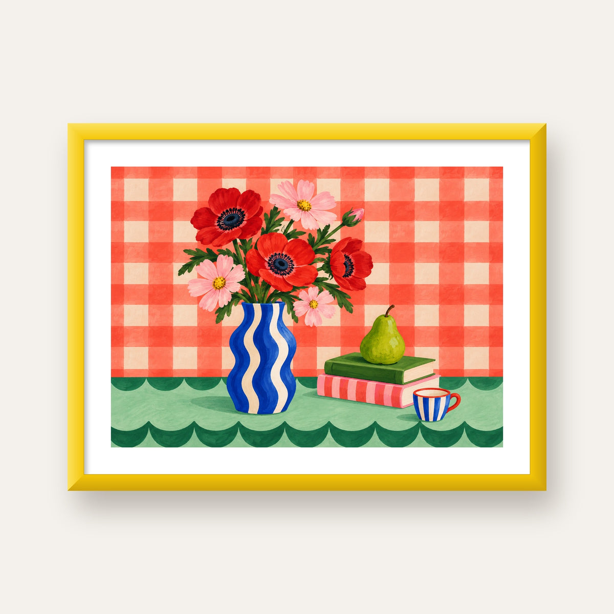 Colorful Break Çiçekli Natürmort Posteri — sarı çerçeveli paspartulu
