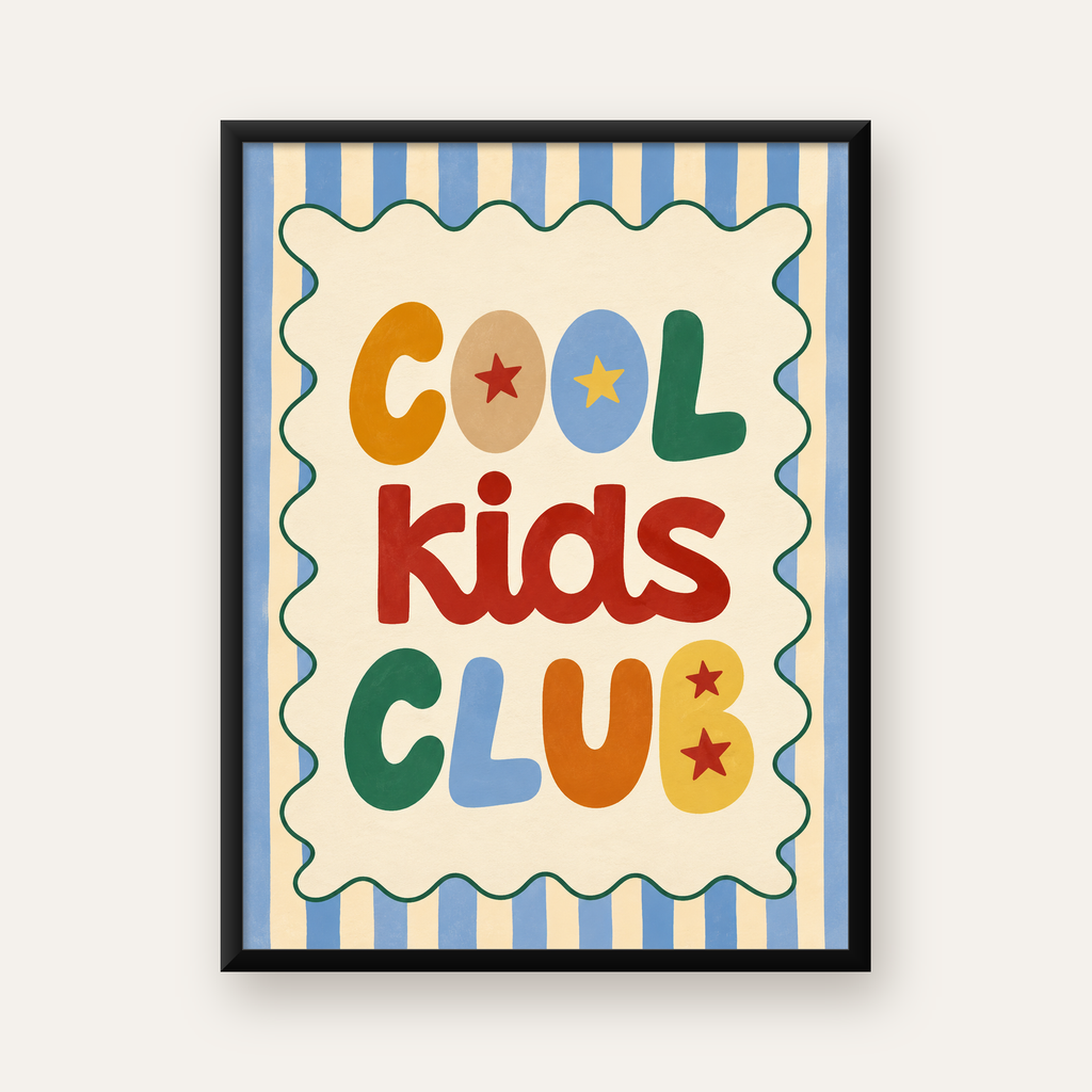 Cool Kids Club Renkli Tipografi Çocuk Poster Sanat Baskısı — Dikey baskı, düz siyah çerçeveli duvar posteri