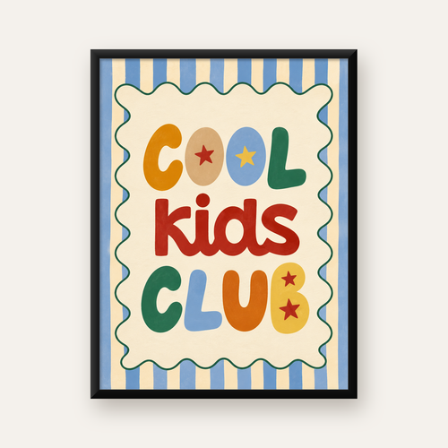 Cool Kids Club Renkli Tipografi Çocuk Poster Sanat Baskısı — Dikey baskı, düz siyah çerçeveli duvar posteri