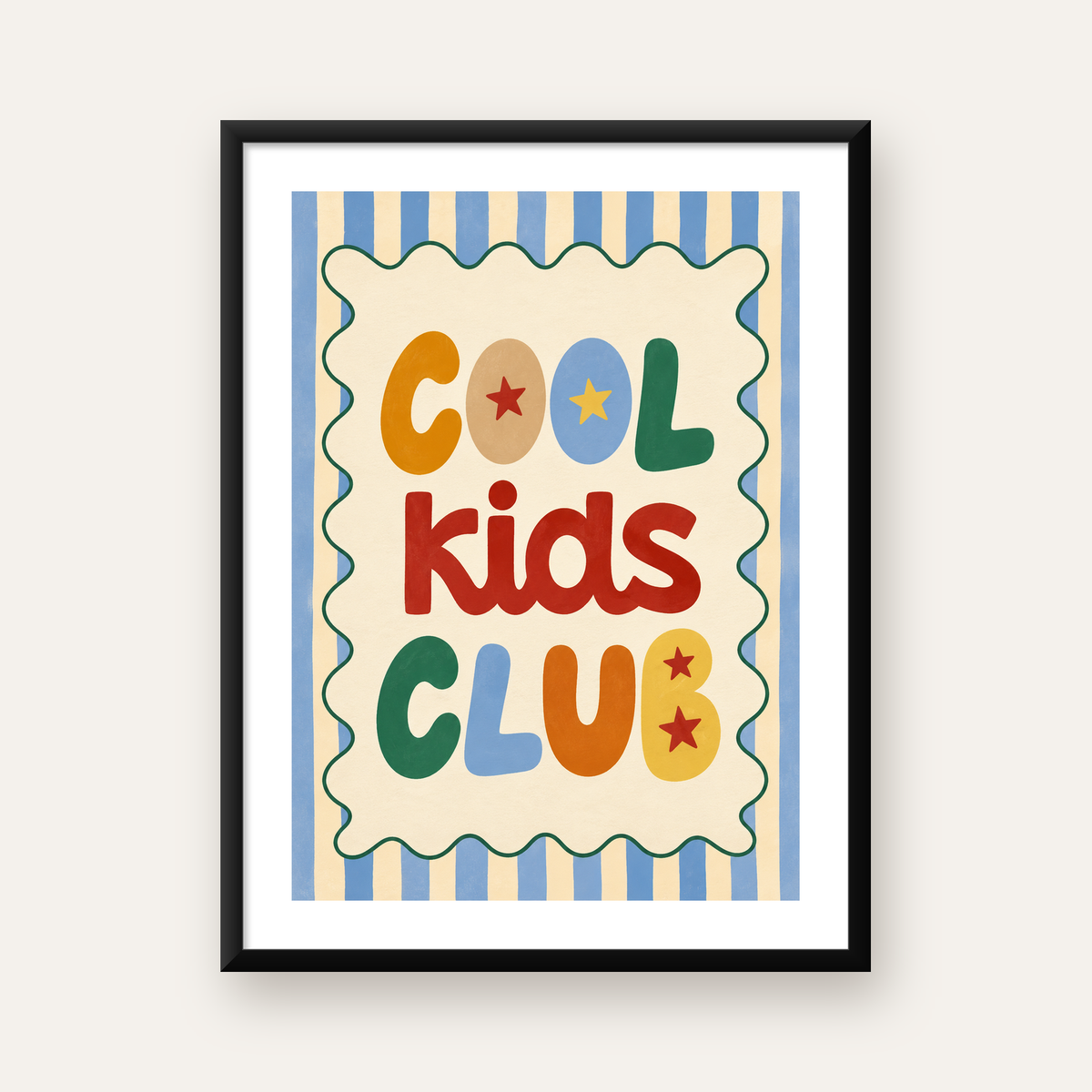 Cool Kids Club Renkli Tipografi Çocuk Poster Sanat Baskısı — Dikey baskı, beyaz kenar boşluklu