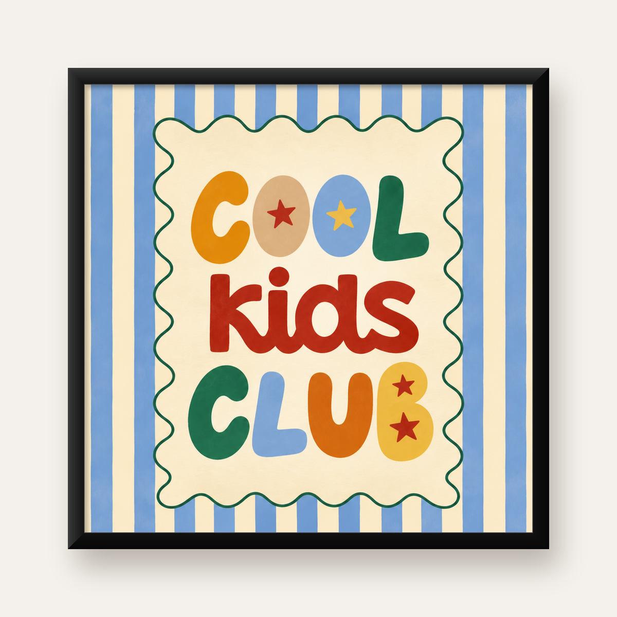 Cool Kids Club Renkli Tipografi Çocuk Poster Sanat Baskısı — Kare baskı, düz siyah çerçeveli duvar posteri