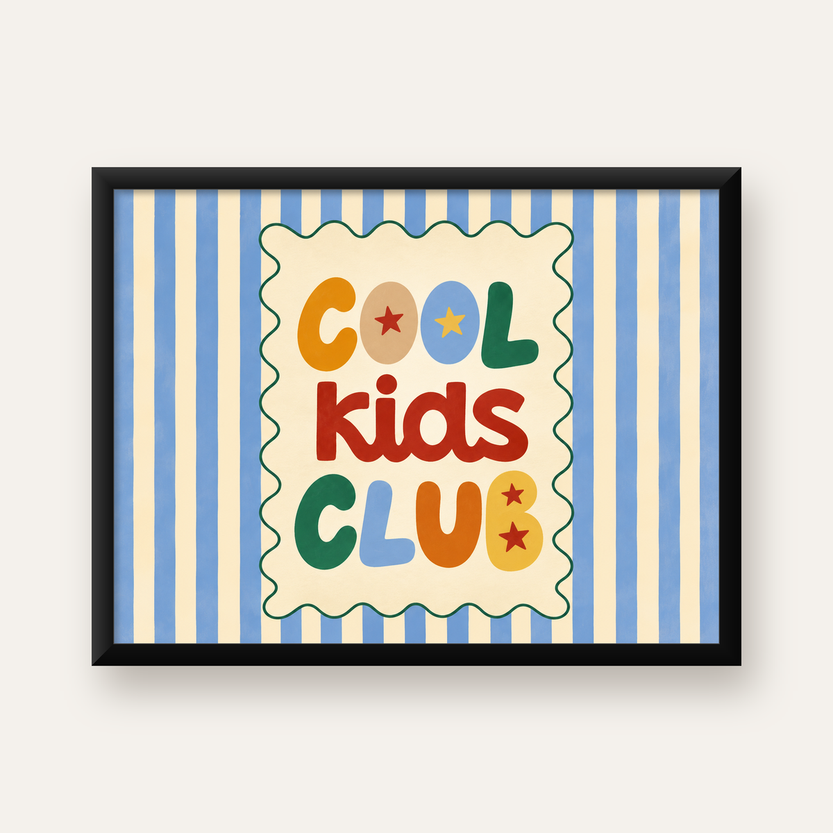 Cool Kids Club Renkli Tipografi Çocuk Poster Sanat Baskısı — Yatay baskı, düz siyah çerçeveli duvar posteri