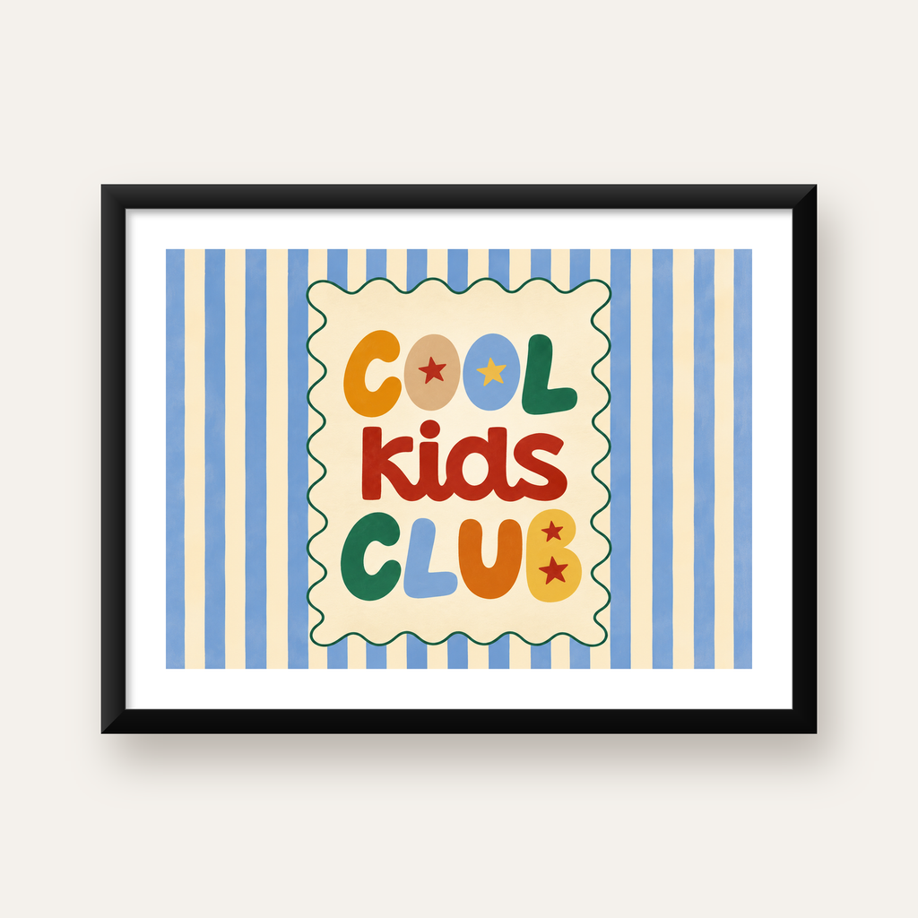 Cool Kids Club Renkli Tipografi Çocuk Poster Sanat Baskısı — Yatay baskı, beyaz kenar boşluklu