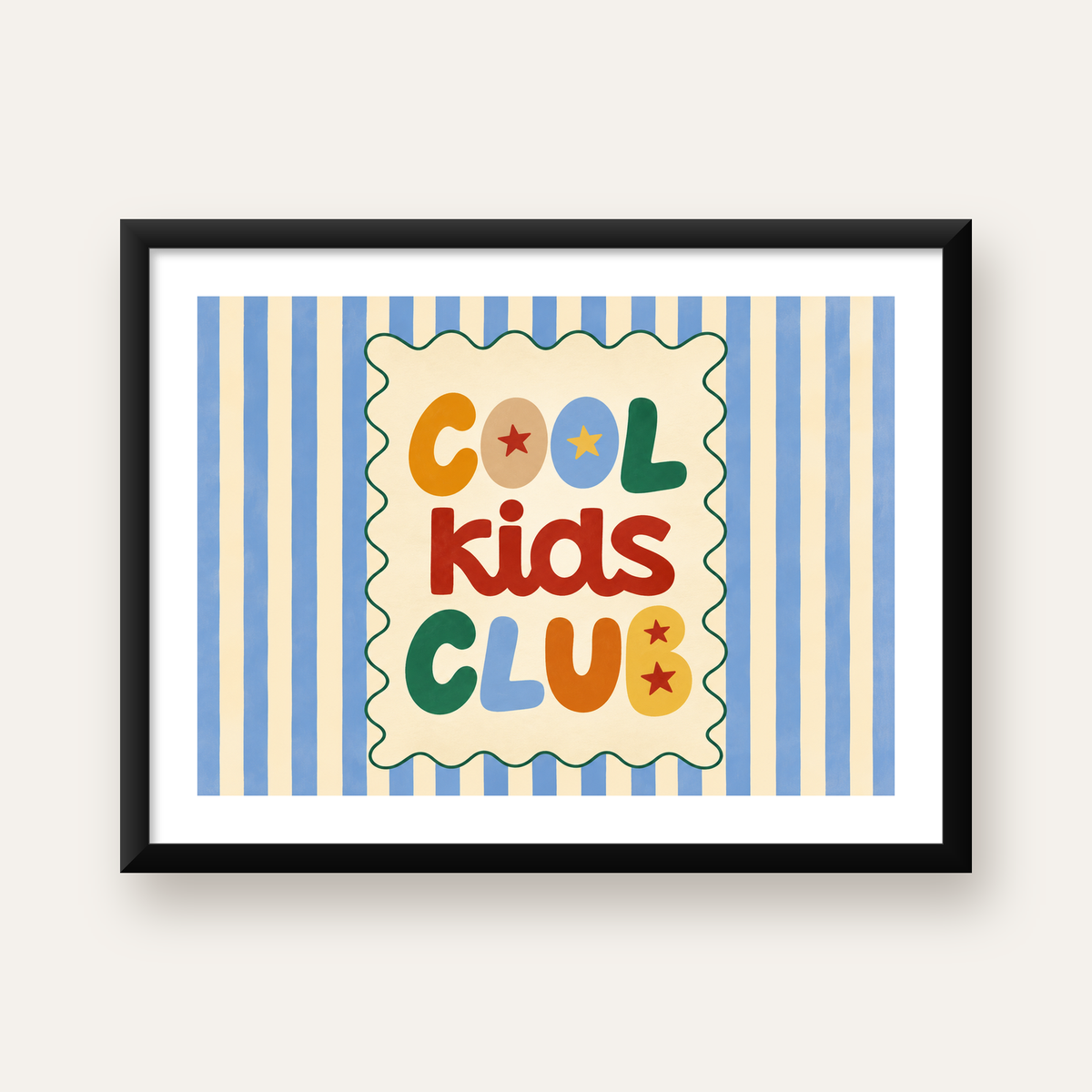 Cool Kids Club Renkli Tipografi Çocuk Poster Sanat Baskısı — Yatay baskı, beyaz kenar boşluklu