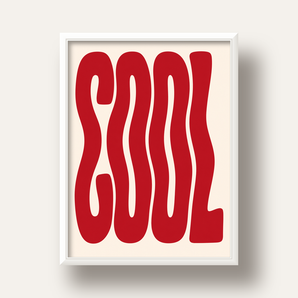 Kırmızı Dalgalı COOL Tipografi Poster – Modern Minimal Duvar Dekoru — beyaz derin çerçeveli