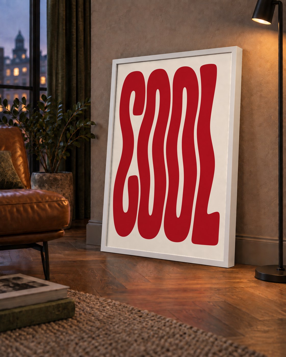 Kırmızı Dalgalı COOL Tipografi Poster – Modern Minimal Duvar Dekoru — çerçeveli hâliyle bir ev duvarında
