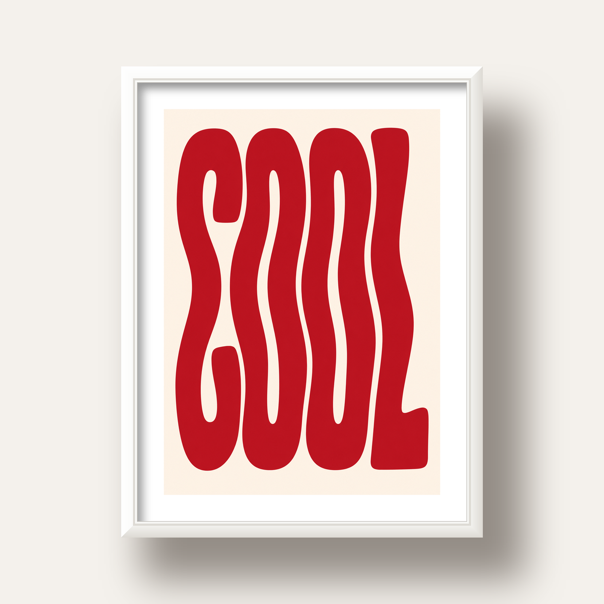 Kırmızı Dalgalı COOL Tipografi Poster – Modern Minimal Duvar Dekoru — beyaz derin çerçeveli paspartulu