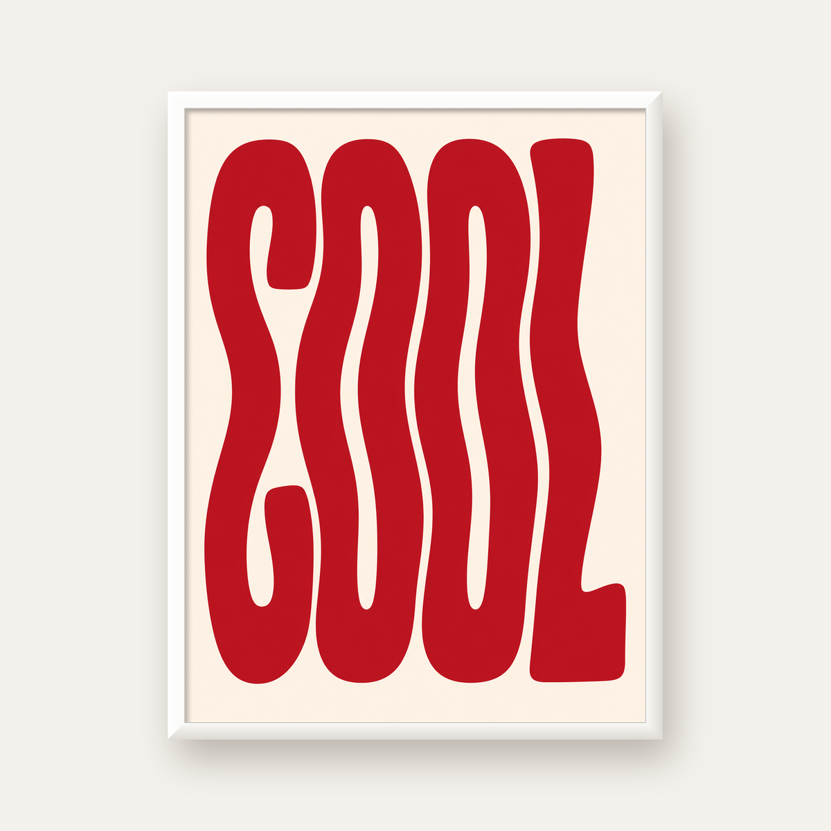Kırmızı Dalgalı COOL Tipografi Poster – Modern Minimal Duvar Dekoru — beyaz çerçeveli dikey poster