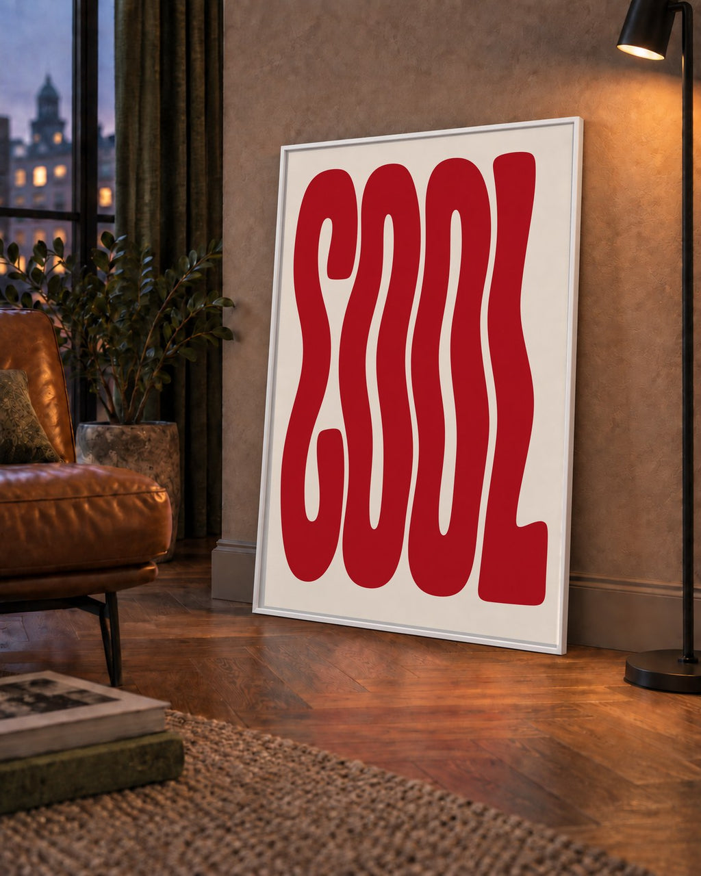 Kırmızı Dalgalı COOL Tipografi Poster – Modern Minimal Duvar Dekoru — çerçeveli hâliyle bir ev duvarında