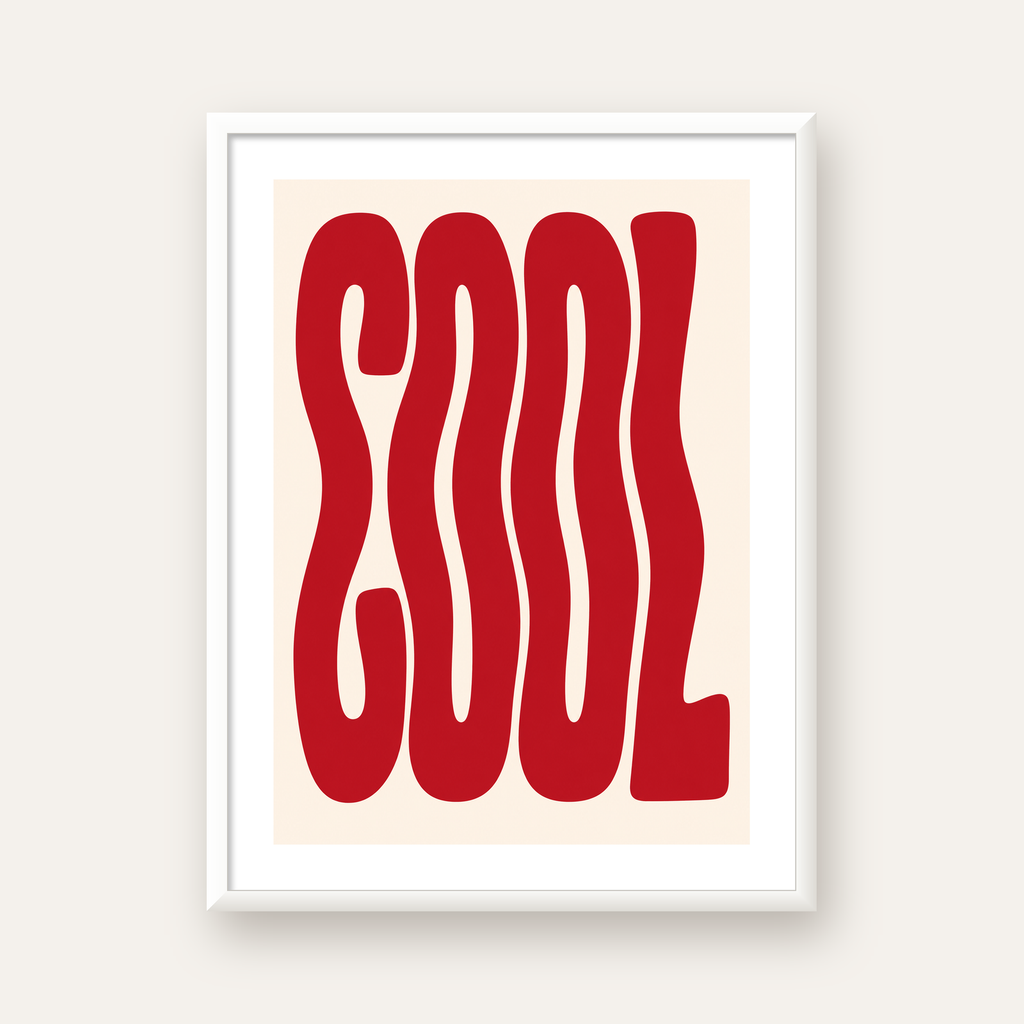 Kırmızı Dalgalı COOL Tipografi Poster – Modern Minimal Duvar Dekoru — beyaz çerçeveli dikey poster