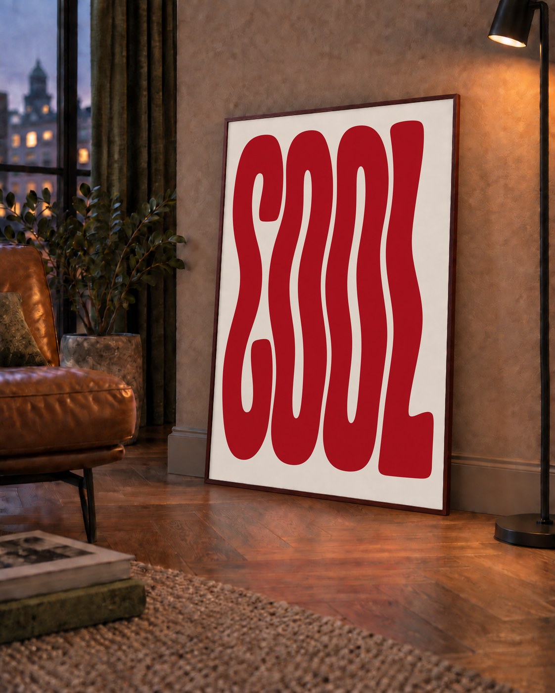Kırmızı Dalgalı COOL Tipografi Poster – Modern Minimal Duvar Dekoru — çerçeveli hâliyle bir ev duvarında