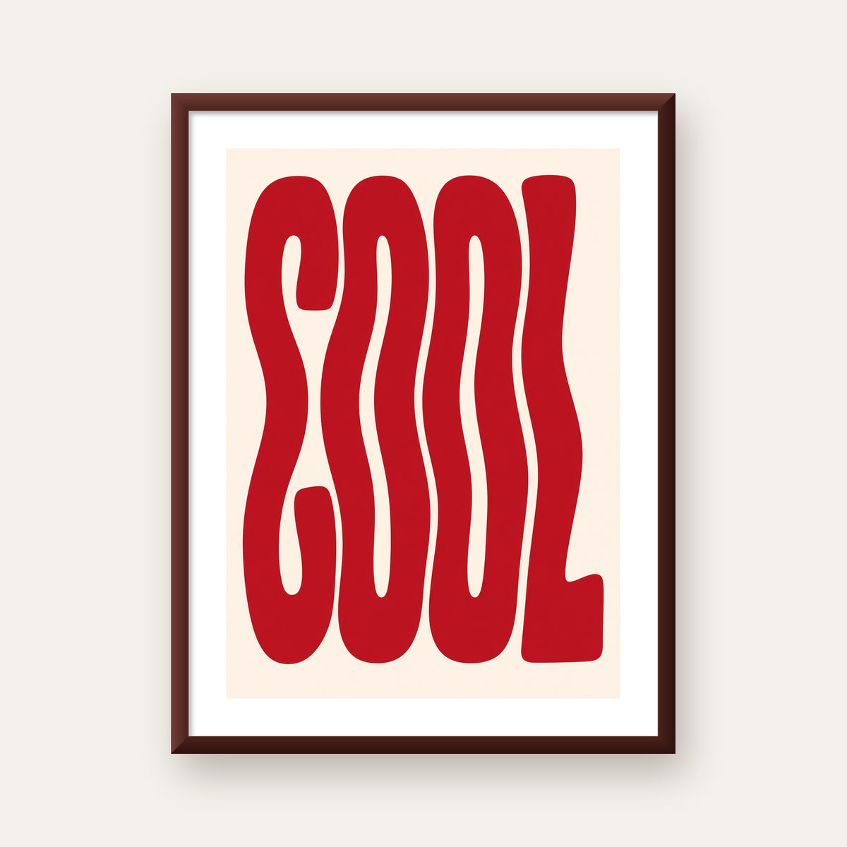 Kırmızı Dalgalı COOL Tipografi Poster – Modern Minimal Duvar Dekoru — ceviz çerçeveli paspartulu