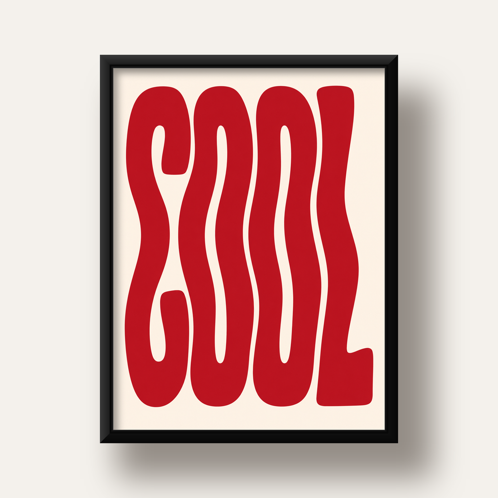 Kırmızı Dalgalı COOL Tipografi Poster – Modern Minimal Duvar Dekoru — siyah derin çerçeveli