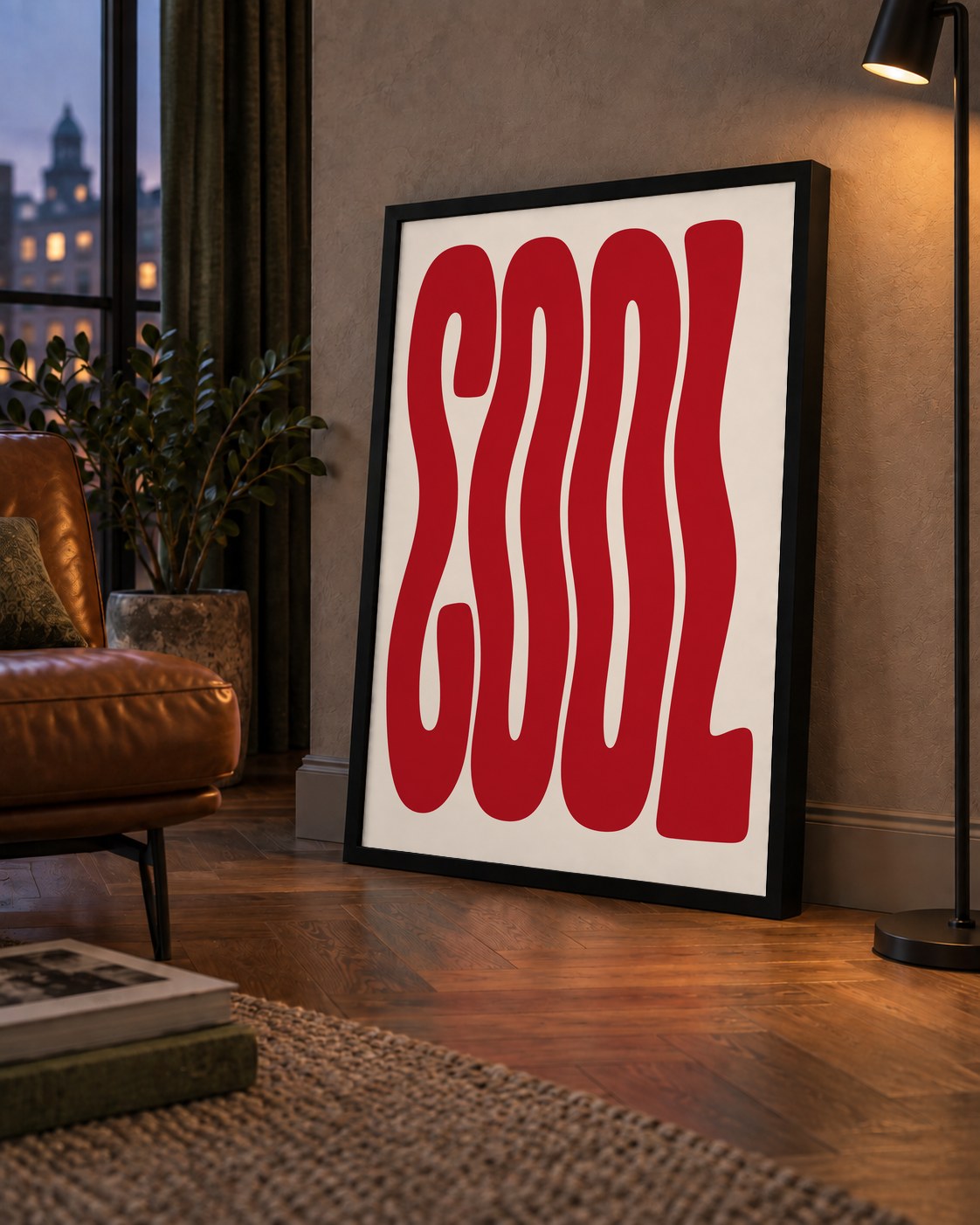 Kırmızı Dalgalı COOL Tipografi Poster – Modern Minimal Duvar Dekoru — çerçeveli hâliyle bir ev duvarında
