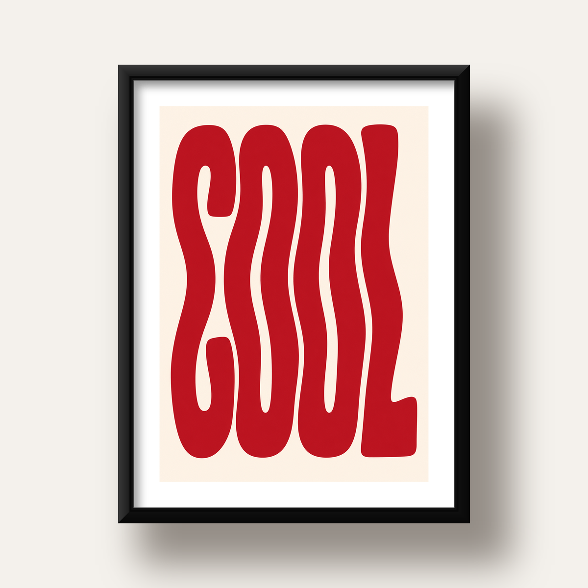 Kırmızı Dalgalı COOL Tipografi Poster – Modern Minimal Duvar Dekoru — siyah derin çerçeveli paspartulu