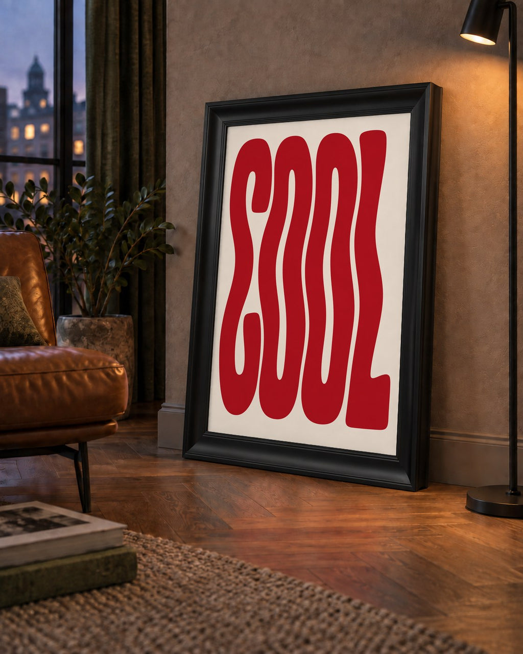 Kırmızı Dalgalı COOL Tipografi Poster – Modern Minimal Duvar Dekoru — çerçeveli hâliyle bir ev duvarında