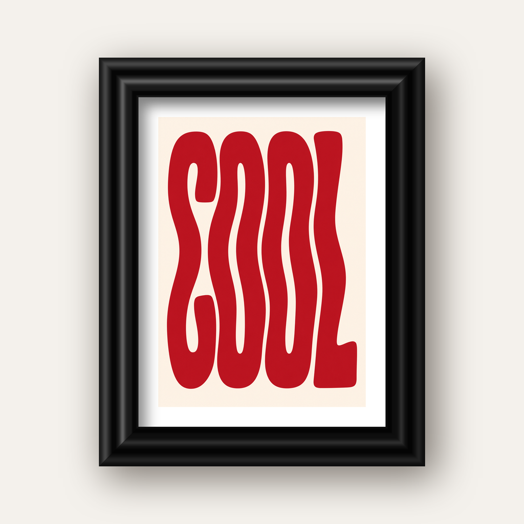 Kırmızı Dalgalı COOL Tipografi Poster – Modern Minimal Duvar Dekoru — siyah galeri çerçeveli paspartulu