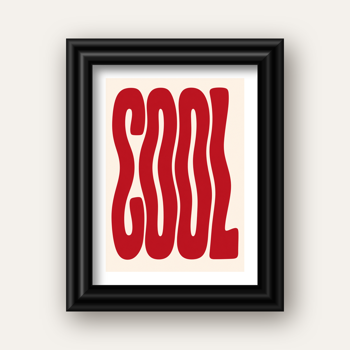 Kırmızı Dalgalı COOL Tipografi Poster – Modern Minimal Duvar Dekoru — siyah galeri çerçeveli paspartulu
