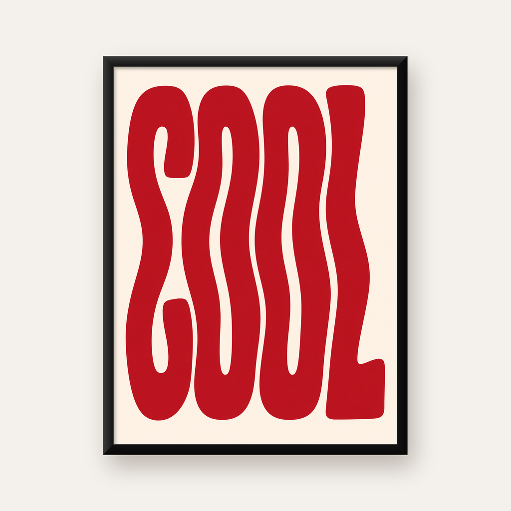 Kırmızı Dalgalı COOL Tipografi Poster – Modern Minimal Duvar Dekoru — Dikey baskı, düz siyah çerçeveli duvar posteri