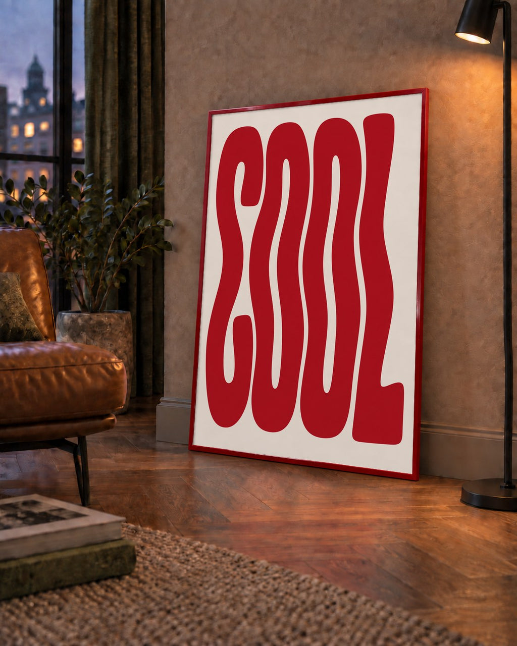 Kırmızı Dalgalı COOL Tipografi Poster – Modern Minimal Duvar Dekoru — çerçeveli hâliyle bir ev duvarında