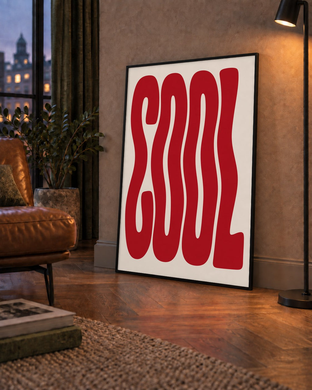 Kırmızı Dalgalı COOL Tipografi Poster – Modern Minimal Duvar Dekoru — çerçeveli hâliyle bir ev duvarında