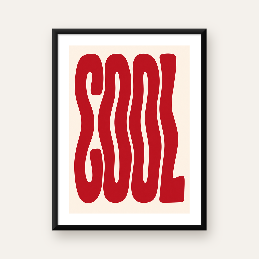Kırmızı Dalgalı COOL Tipografi Poster – Modern Minimal Duvar Dekoru — Dikey baskı, beyaz paspartulu