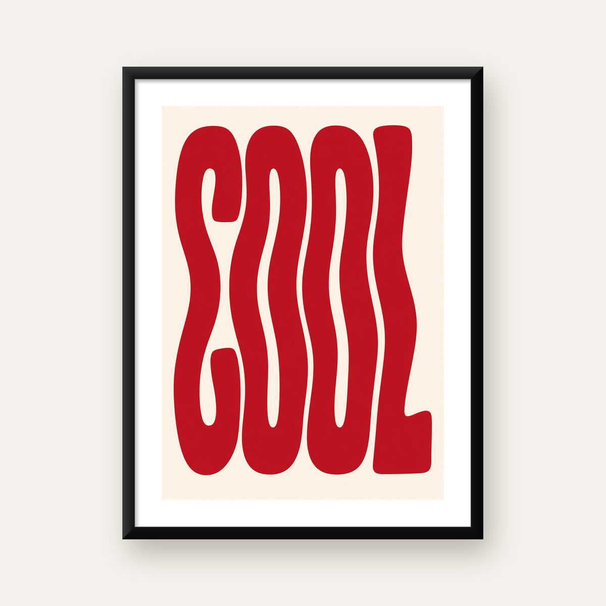 Kırmızı Dalgalı COOL Tipografi Poster – Modern Minimal Duvar Dekoru — Dikey baskı, beyaz paspartulu