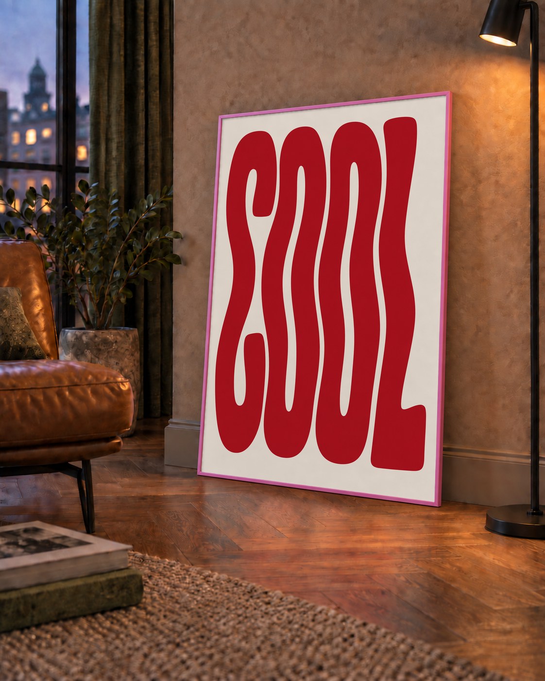 Kırmızı Dalgalı COOL Tipografi Poster – Modern Minimal Duvar Dekoru — çerçeveli hâliyle bir ev duvarında