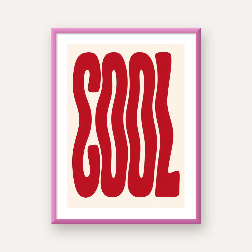 Kırmızı Dalgalı COOL Tipografi Poster – Modern Minimal Duvar Dekoru — pembe çerçeveli paspartulu