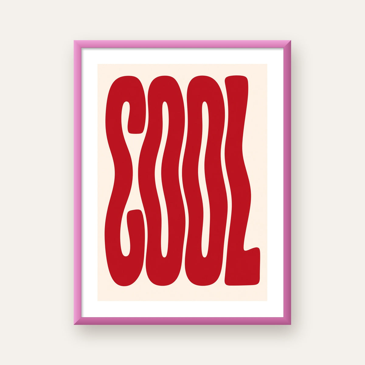 Kırmızı Dalgalı COOL Tipografi Poster – Modern Minimal Duvar Dekoru — pembe çerçeveli paspartulu