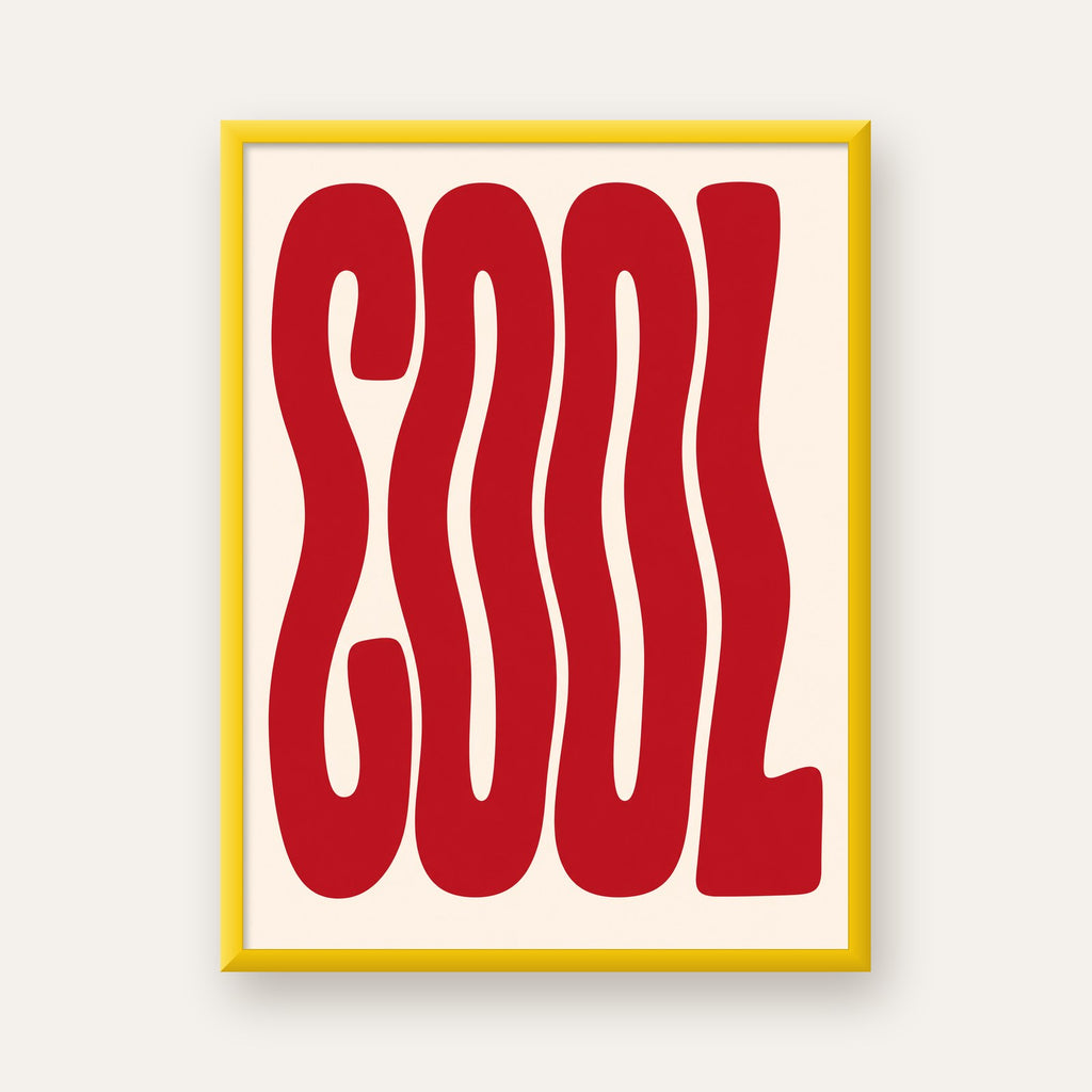 Kırmızı Dalgalı COOL Tipografi Poster – Modern Minimal Duvar Dekoru — sarı çerçeveli