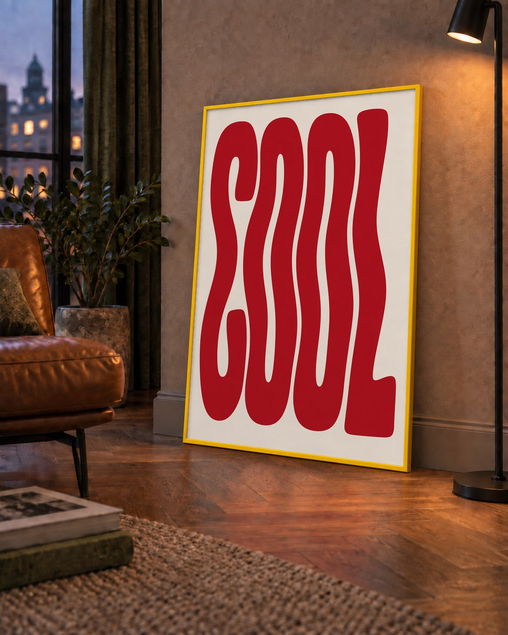 Kırmızı Dalgalı COOL Tipografi Poster – Modern Minimal Duvar Dekoru — çerçeveli hâliyle bir ev duvarında