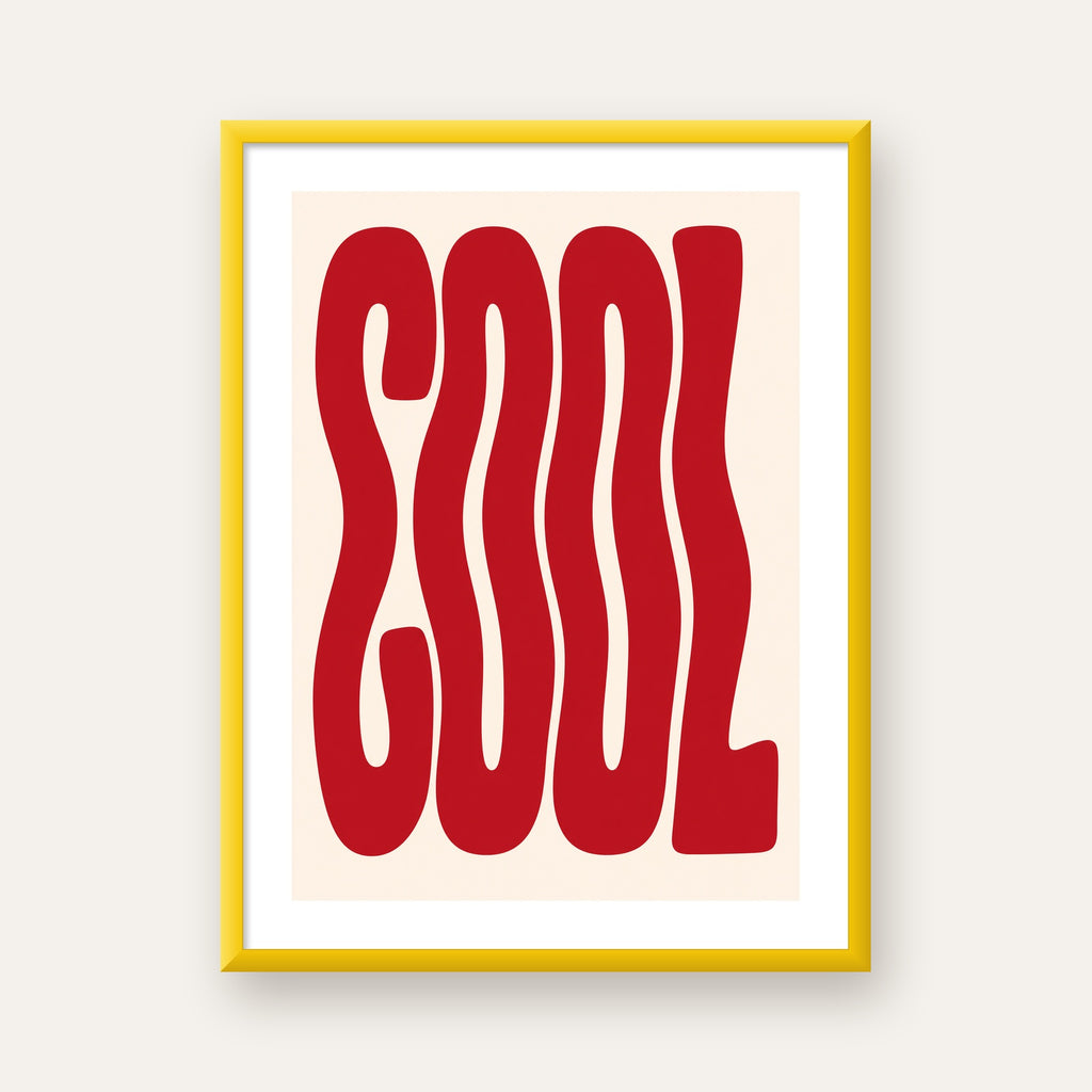 Kırmızı Dalgalı COOL Tipografi Poster – Modern Minimal Duvar Dekoru — sarı çerçeveli paspartulu