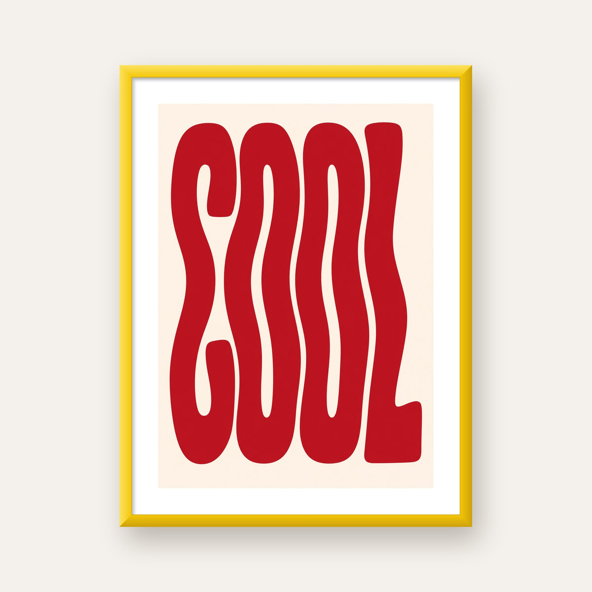 Kırmızı Dalgalı COOL Tipografi Poster – Modern Minimal Duvar Dekoru — sarı çerçeveli paspartulu