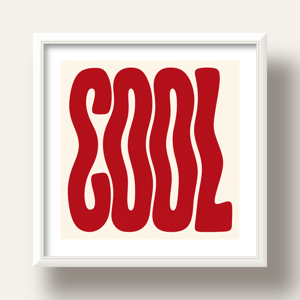 Kırmızı Dalgalı COOL Tipografi Poster – Modern Minimal Duvar Dekoru — beyaz derin çerçeveli paspartulu