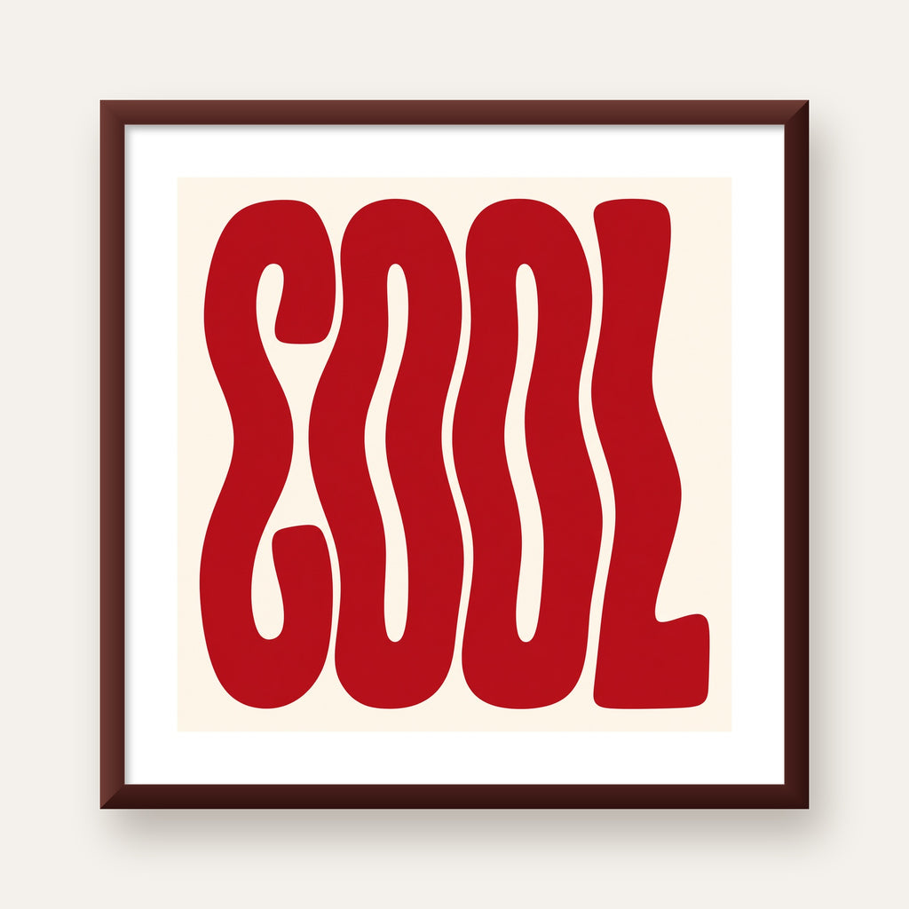 Kırmızı Dalgalı COOL Tipografi Poster – Modern Minimal Duvar Dekoru — ceviz çerçeveli paspartulu